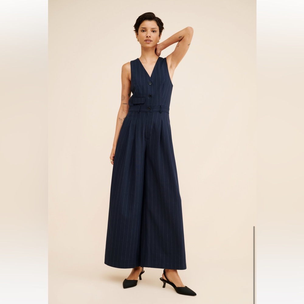 Anthropologie Navy Pinstripe Sleeveless Wide-Leg Jumpsuit